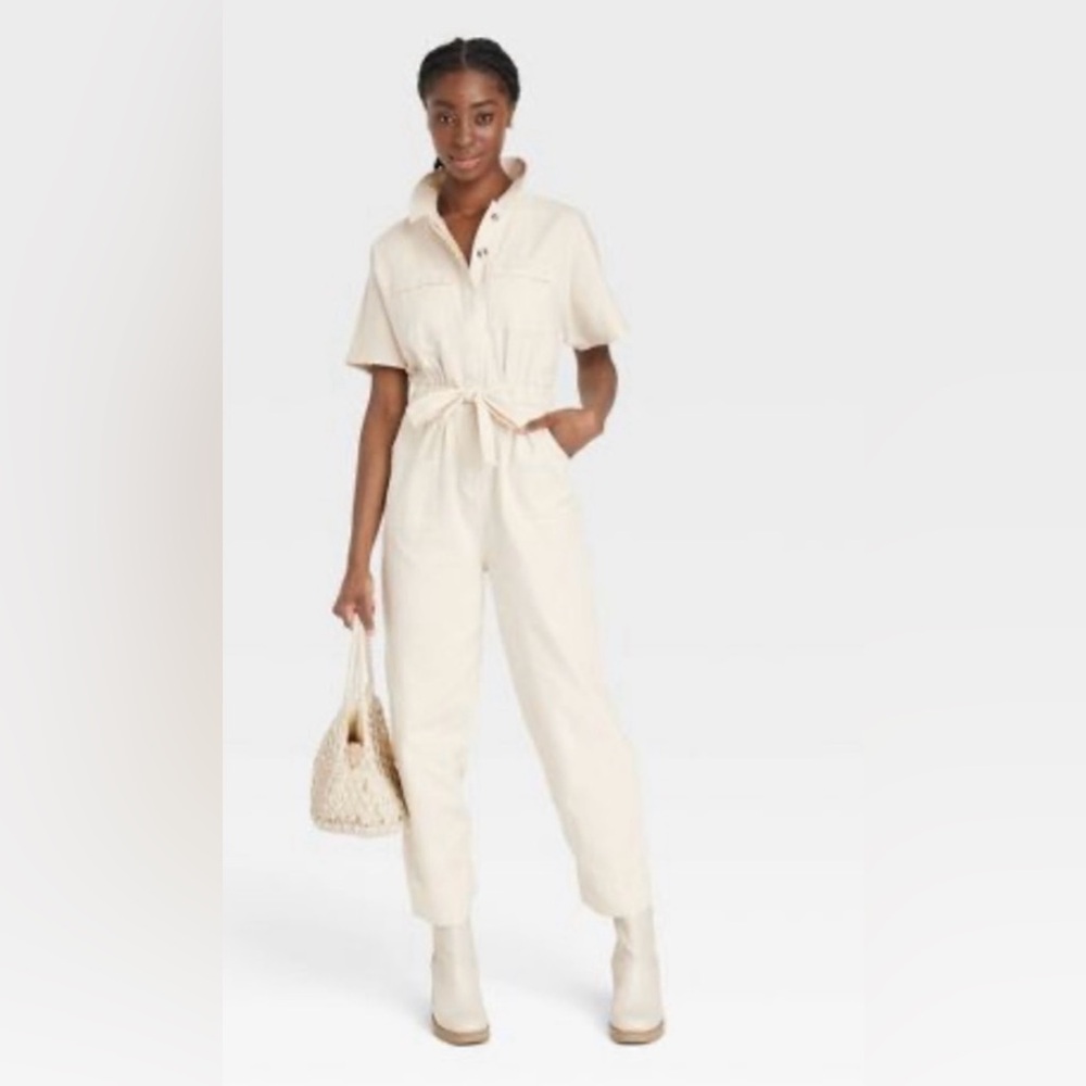 Universal Thread Short Sleeve Button-Front Boilersuit In Cream Size 6